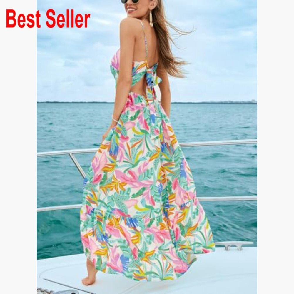 Maxi Dress with V-Neck, Sleeveless, Self Tie Back, 100% Rayon - Picture 5 of 6